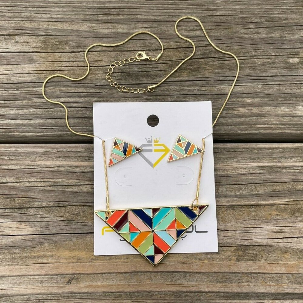 Fruitful Necklaces Gold Tone Geometric Triangle Earring enamel paint Jewelry Set - Picture 12 of 12